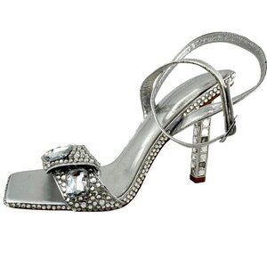 Azalea Wang Flat Toe Stiletto Sandal Diamond Metal Rhinestone Decal Adjustable